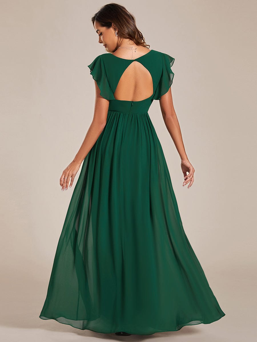 Robe demoiselle d'honneur en mousseline manches plissées avec découpe au dos #Couleur_Vert Fonce