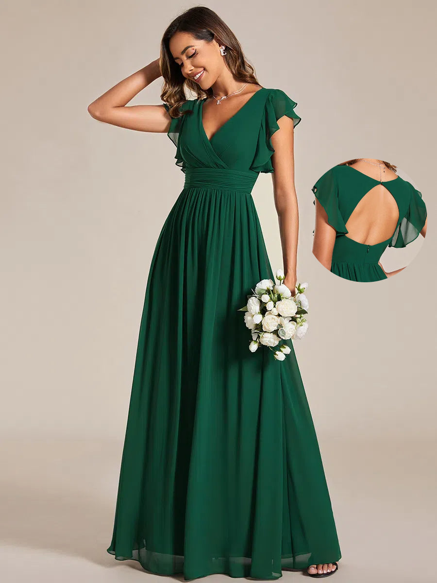 Robe demoiselle d'honneur en mousseline manches plissées avec découpe au dos #Couleur_Vert Fonce