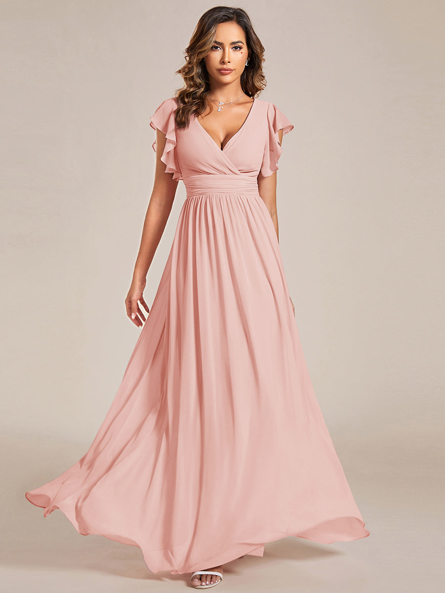 Robe demoiselle d'honneur Curvy mousseline manches plissées avec découpe au dos #Couleur_Rose