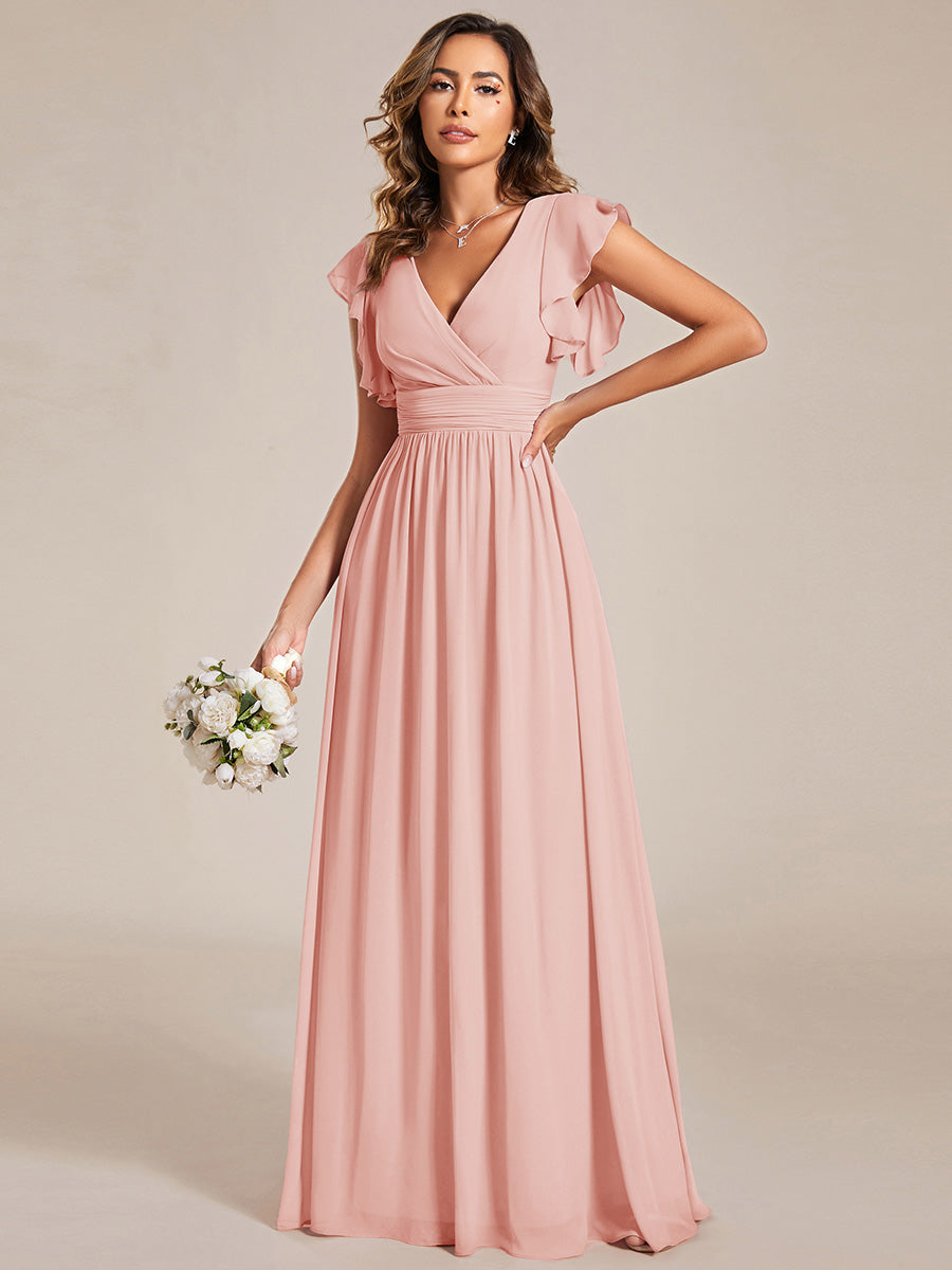 Robe demoiselle d'honneur Curvy mousseline manches plissées avec découpe au dos #Couleur_Rose