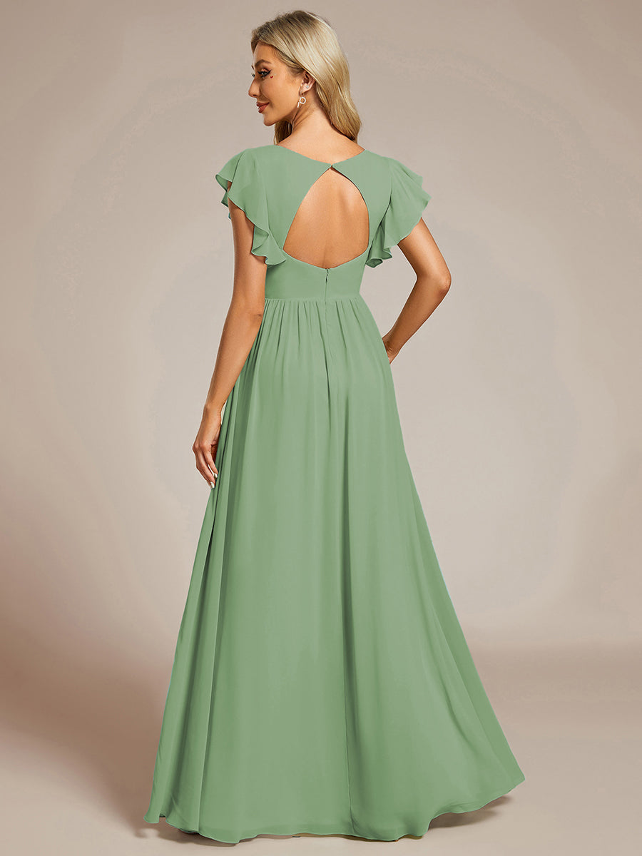 Robe de demoiselle d'honneur en mousseline de soie avec manches à volants et découpes au dos #Couleur_Vert sauge