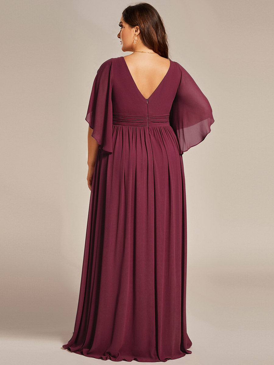 Robe Curvy en mousseline plissée Col V manches mi-longues #Couleur_Bordeaux