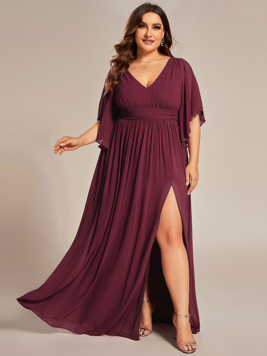 Robe Curvy en mousseline plissée Col V manches mi-longues #Couleur_Bordeaux