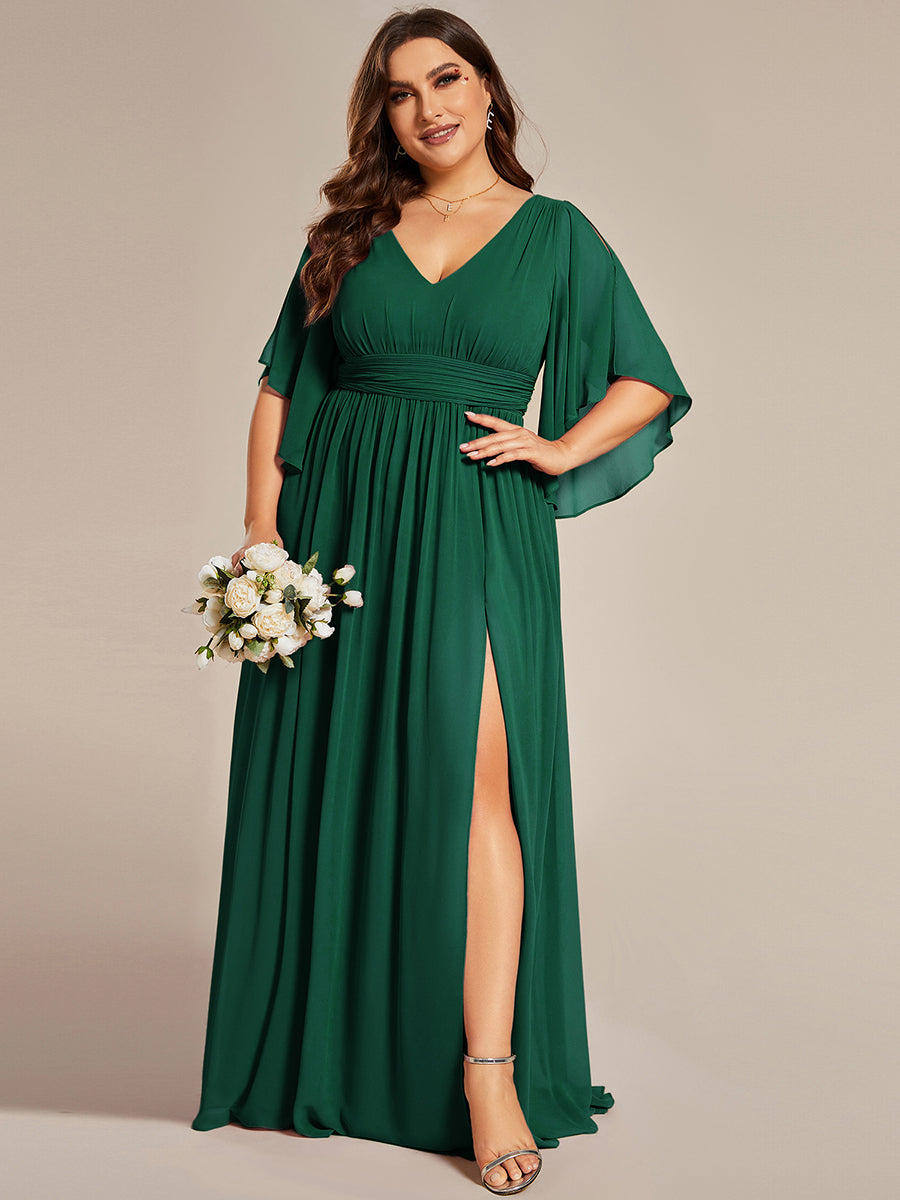 Robe Curvy en mousseline plissée Col V manches mi-longues #Couleur_Vert Fonce