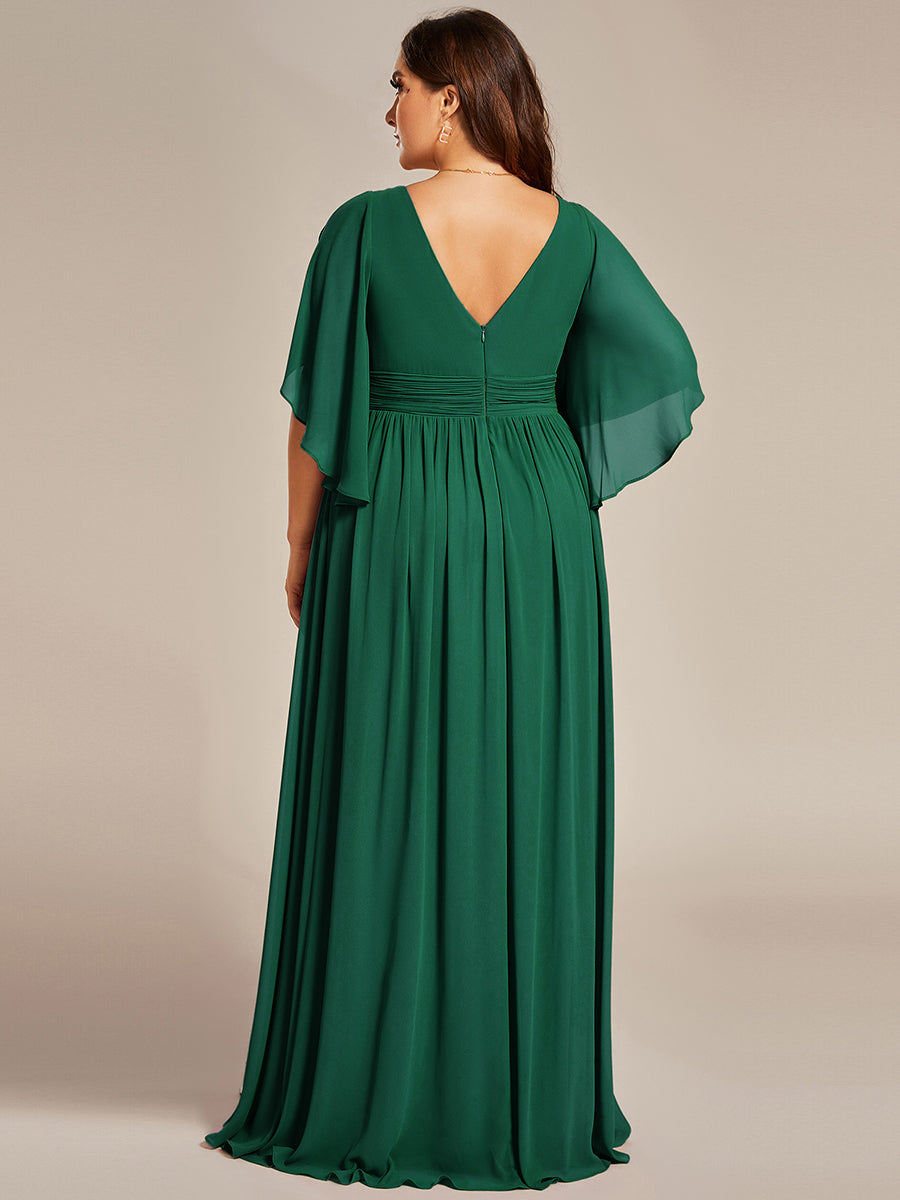 Robe Curvy en mousseline plissée Col V manches mi-longues #Couleur_Vert Fonce