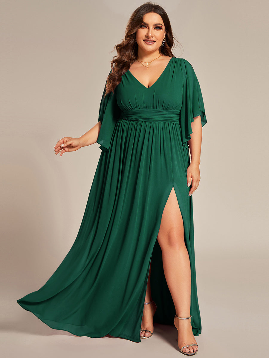 Robe Curvy en mousseline plissée Col V manches mi-longues #Couleur_Vert Fonce