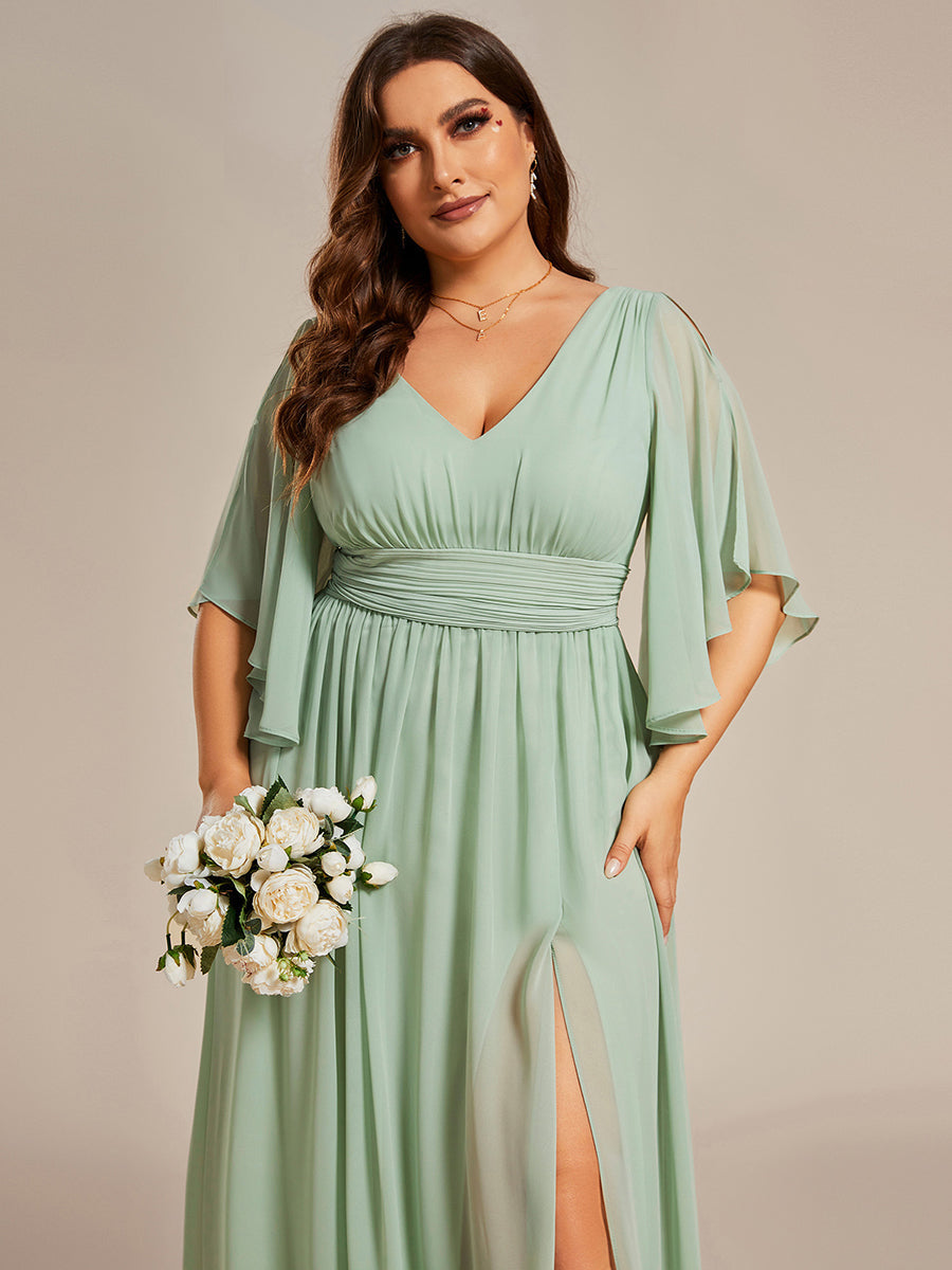 Robe Curvy en mousseline plissée Col V manches mi-longues #Couleur_Menthe Verte