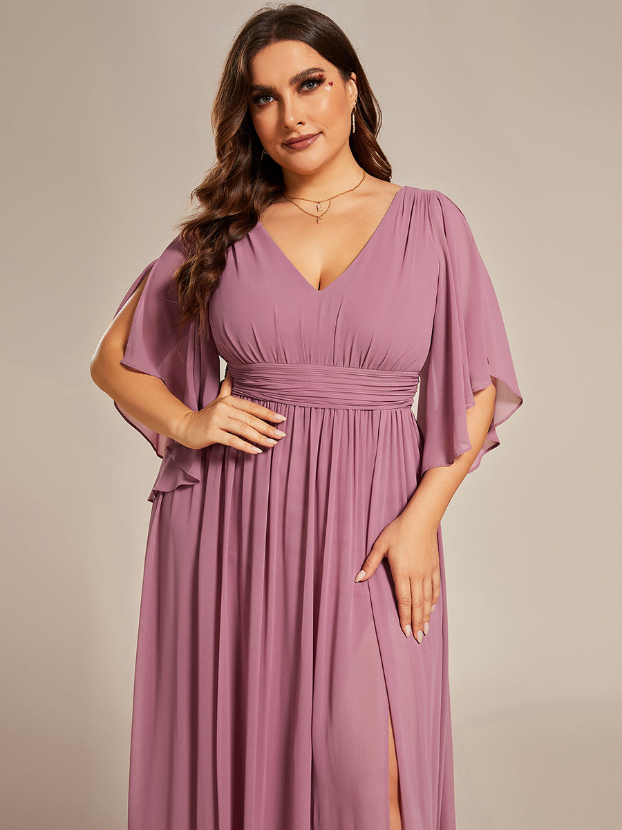 Robe Curvy en mousseline plissée Col V manches mi-longues #Couleur_Orchidee