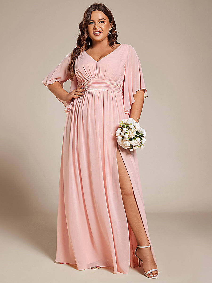 Robe Curvy en mousseline plissée Col V manches mi-longues #Couleur_Rose