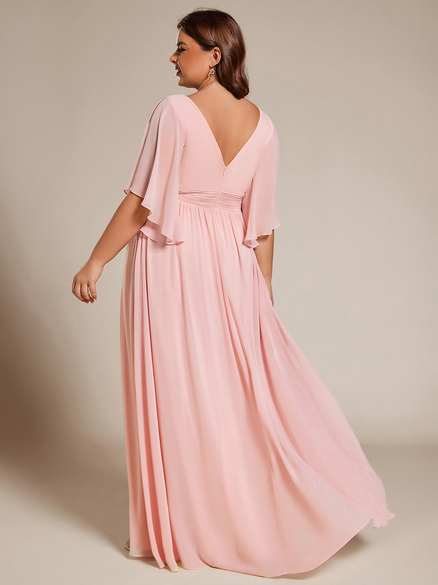 Robe Curvy en mousseline plissée Col V manches mi-longues #Couleur_Rose