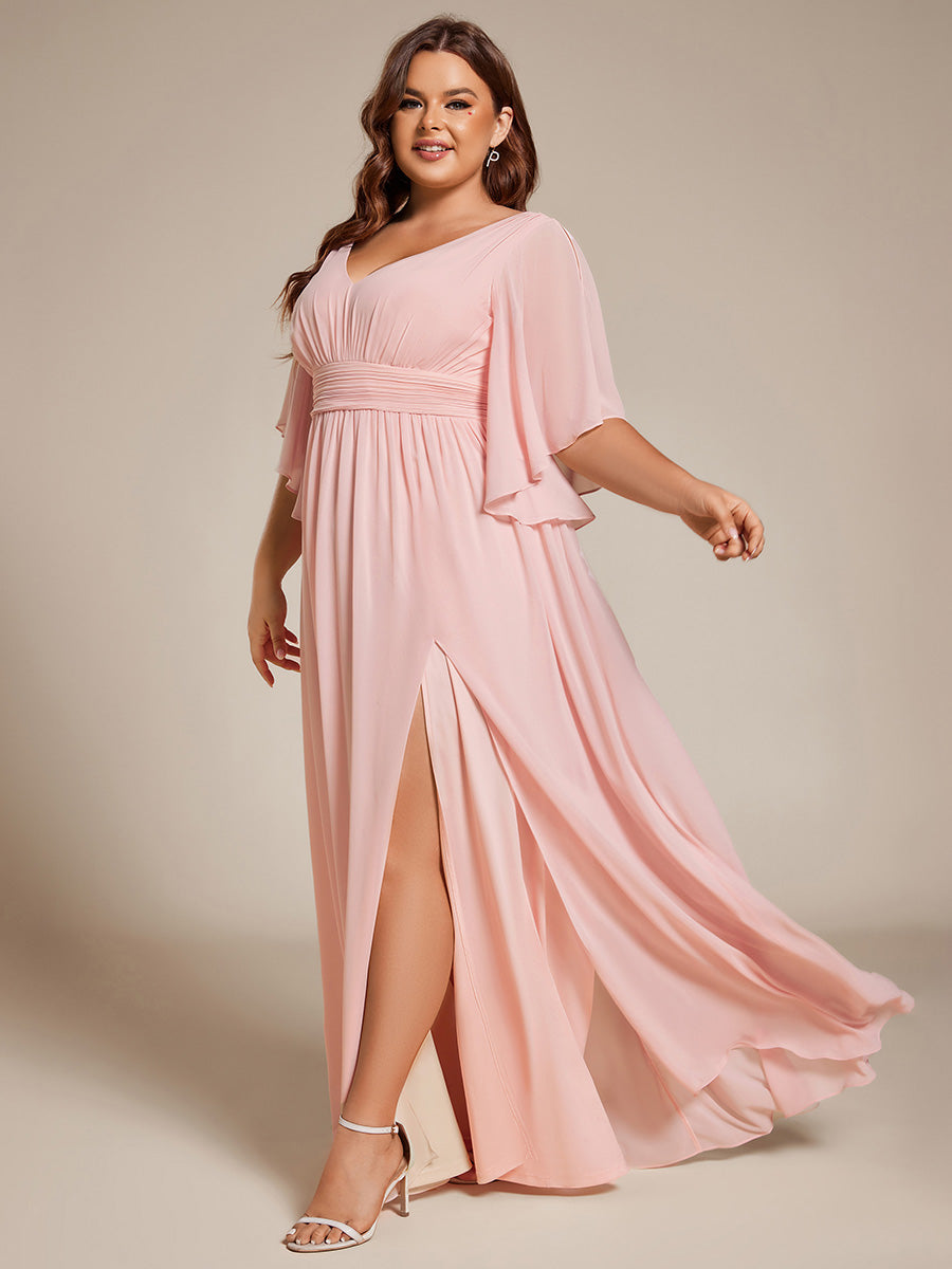 Robe Curvy en mousseline plissée Col V manches mi-longues #Couleur_Rose