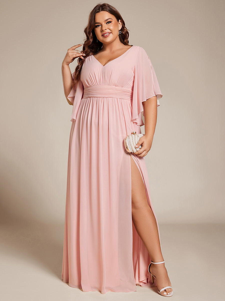 Robe Curvy en mousseline plissée Col V manches mi-longues #Couleur_Rose