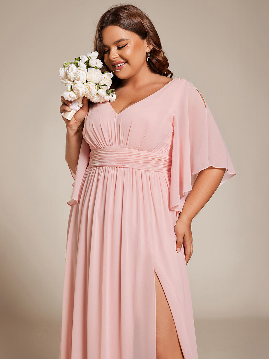 Robe Curvy en mousseline plissée Col V manches mi-longues #Couleur_Rose