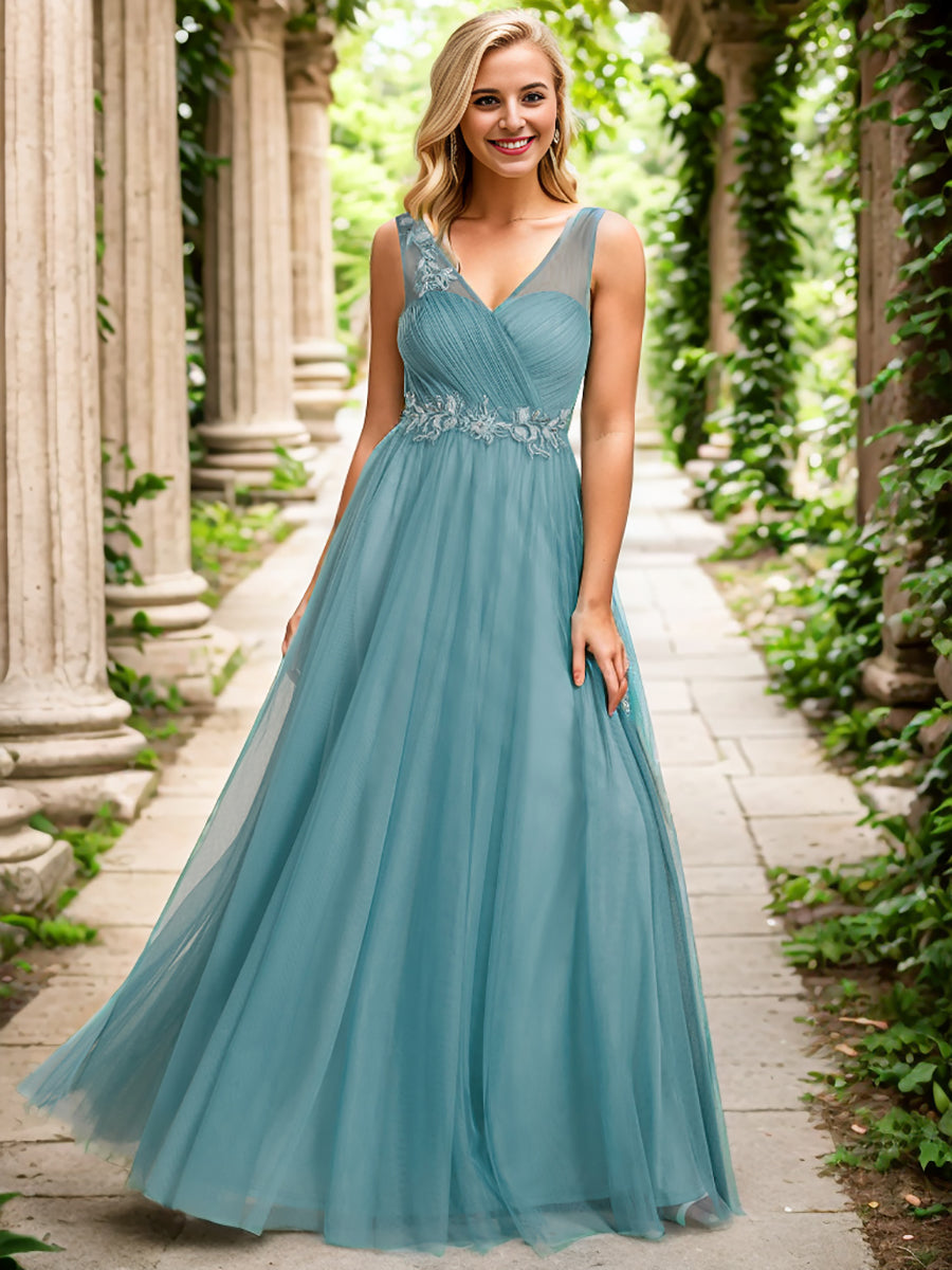 Robe de demoiselle d'honneur longue élégante à col en V et appliques#Couleur_Bleu Fume