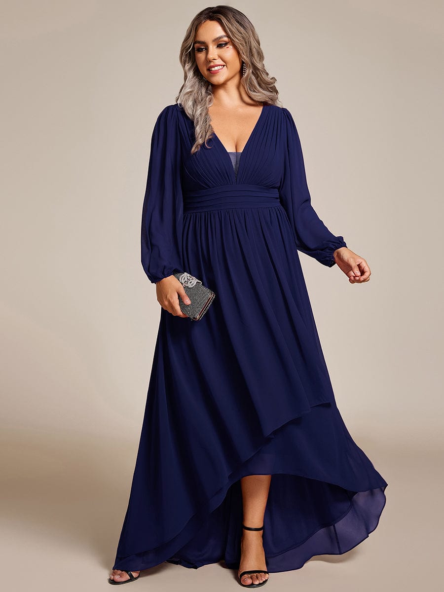 Charmante Robe De Demoiselle D'honneur Plissée À Manches Lanternes En Mousseline De Soie Et Taille Haute #Couleur_Bleu Marine