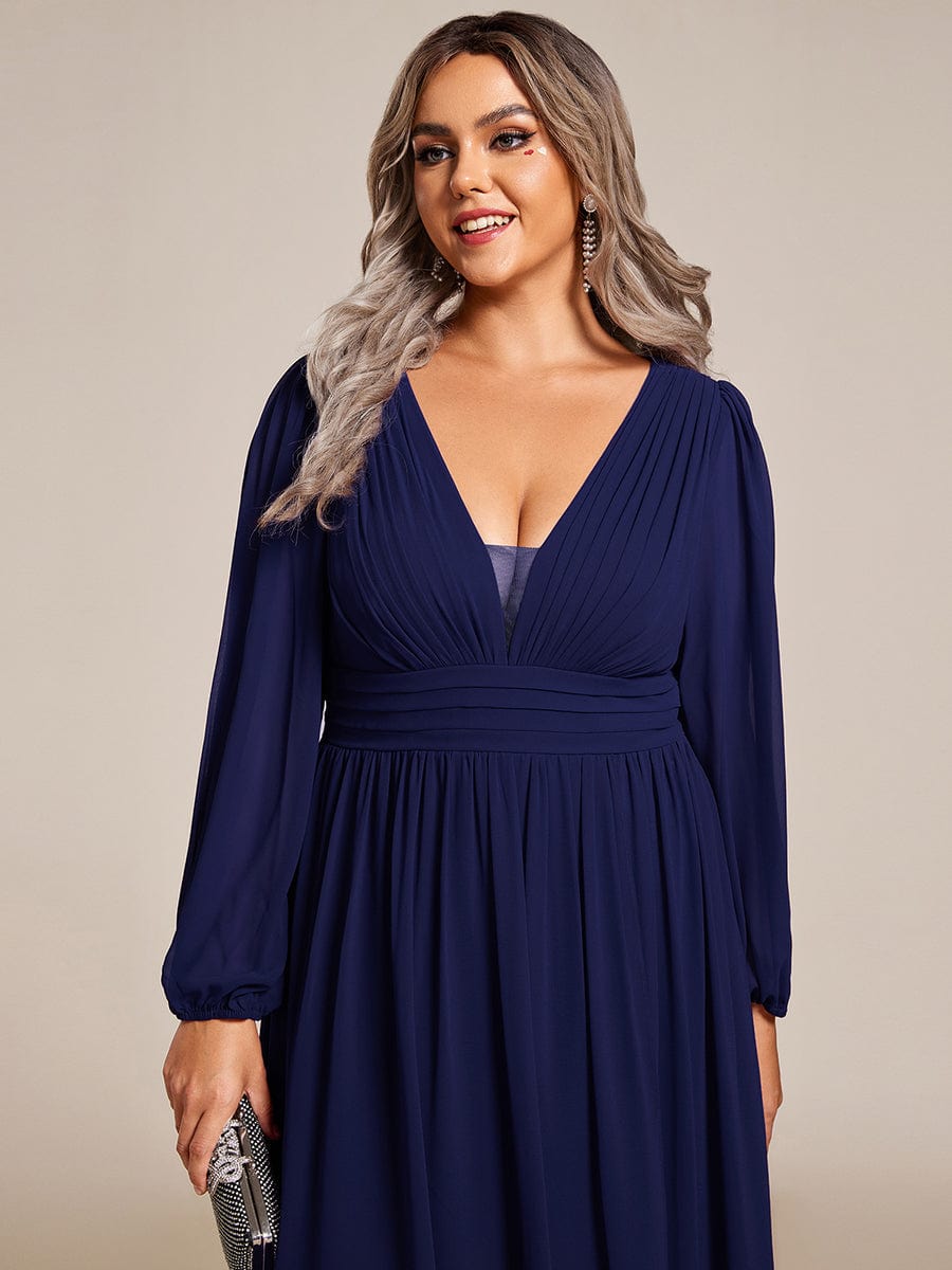 Charmante Robe De Demoiselle D'honneur Plissée À Manches Lanternes En Mousseline De Soie Et Taille Haute #Couleur_Bleu Marine