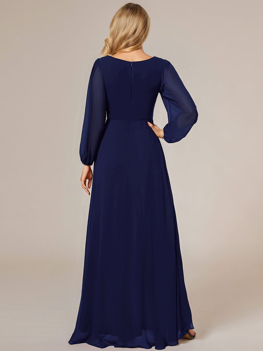 Charmante Robe De Demoiselle D'honneur Plissée À Manches Lanternes En Mousseline De Soie Et Taille Haute #Couleur_Bleu Marine