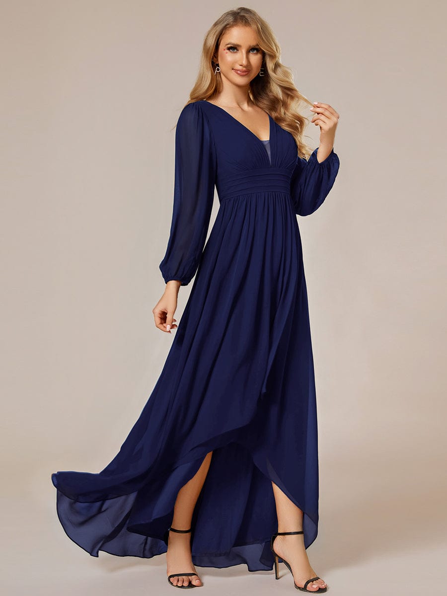 Charmante Robe De Demoiselle D'honneur Plissée À Manches Lanternes En Mousseline De Soie Et Taille Haute #Couleur_Bleu Marine