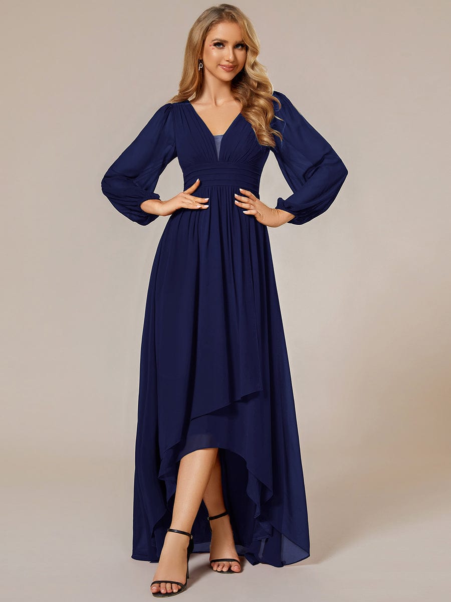 Charmante Robe De Demoiselle D'honneur Plissée À Manches Lanternes En Mousseline De Soie Et Taille Haute #Couleur_Bleu Marine