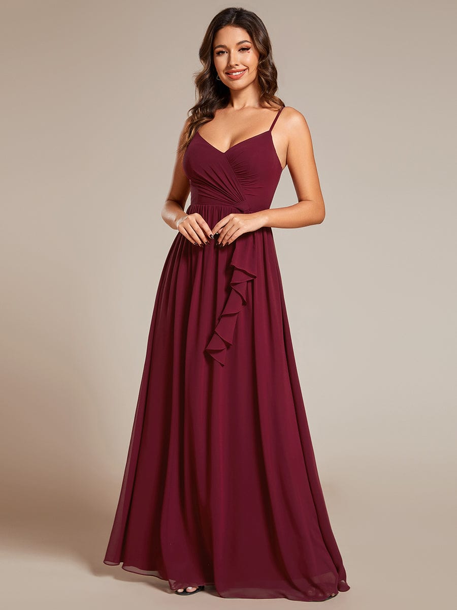 Robe de demoiselle d'honneur plissée sans manches en mousseline avec feuille de lotus #Couleur_Bordeaux