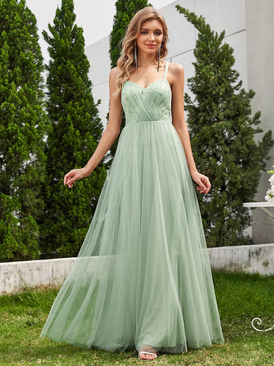 Robe de demoiselle d'honneur sans manches en tulle pailleté avec bretelles croisées dans le dos #Couleur_Menthe Verte