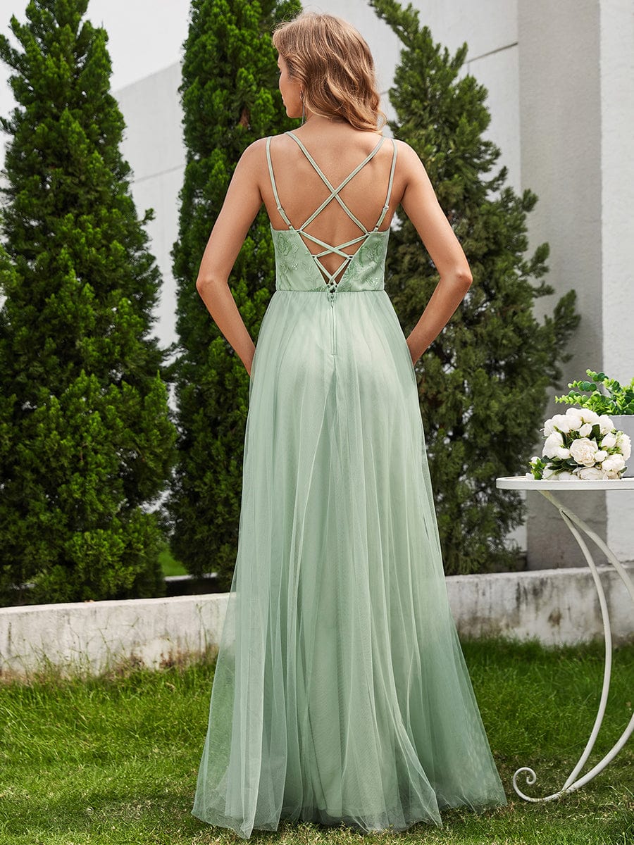 Robe de demoiselle d'honneur sans manches en tulle pailleté avec bretelles croisées dans le dos #Couleur_Menthe Verte