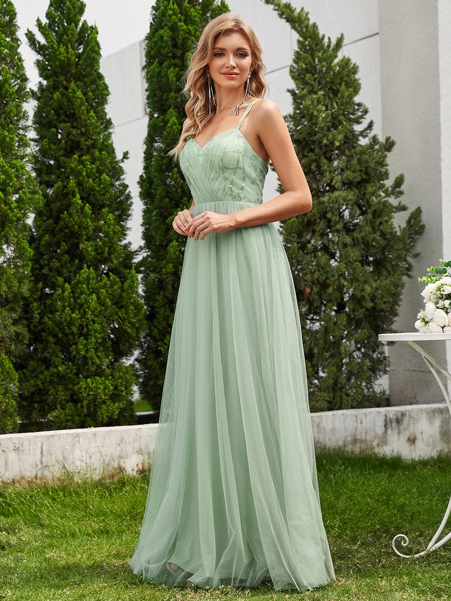 Robe de demoiselle d'honneur sans manches en tulle pailleté avec bretelles croisées dans le dos #Couleur_Menthe Verte