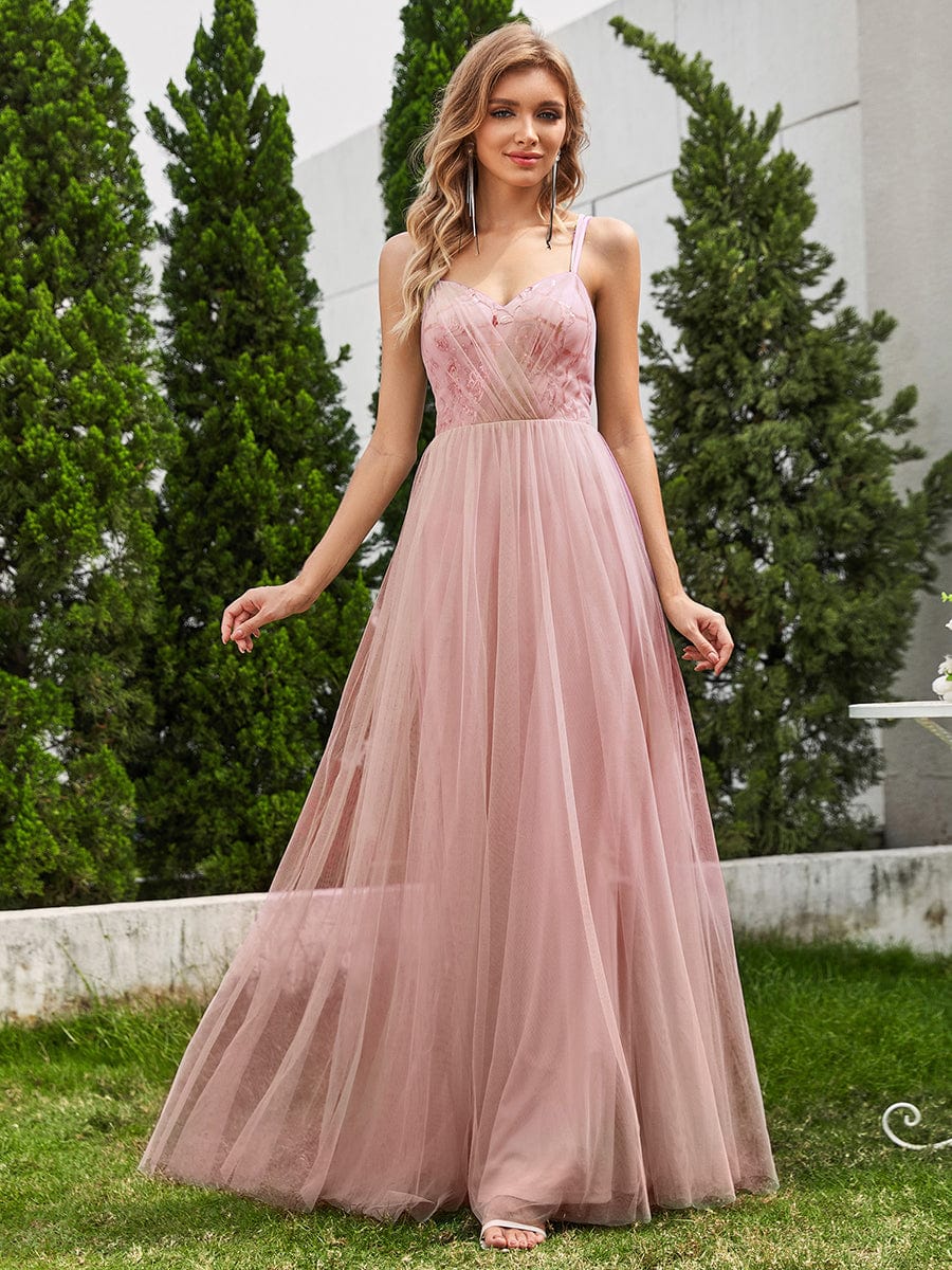 Robe de demoiselle d'honneur sans manches en tulle pailleté avec bretelles croisées dans le dos #Couleur_Rose