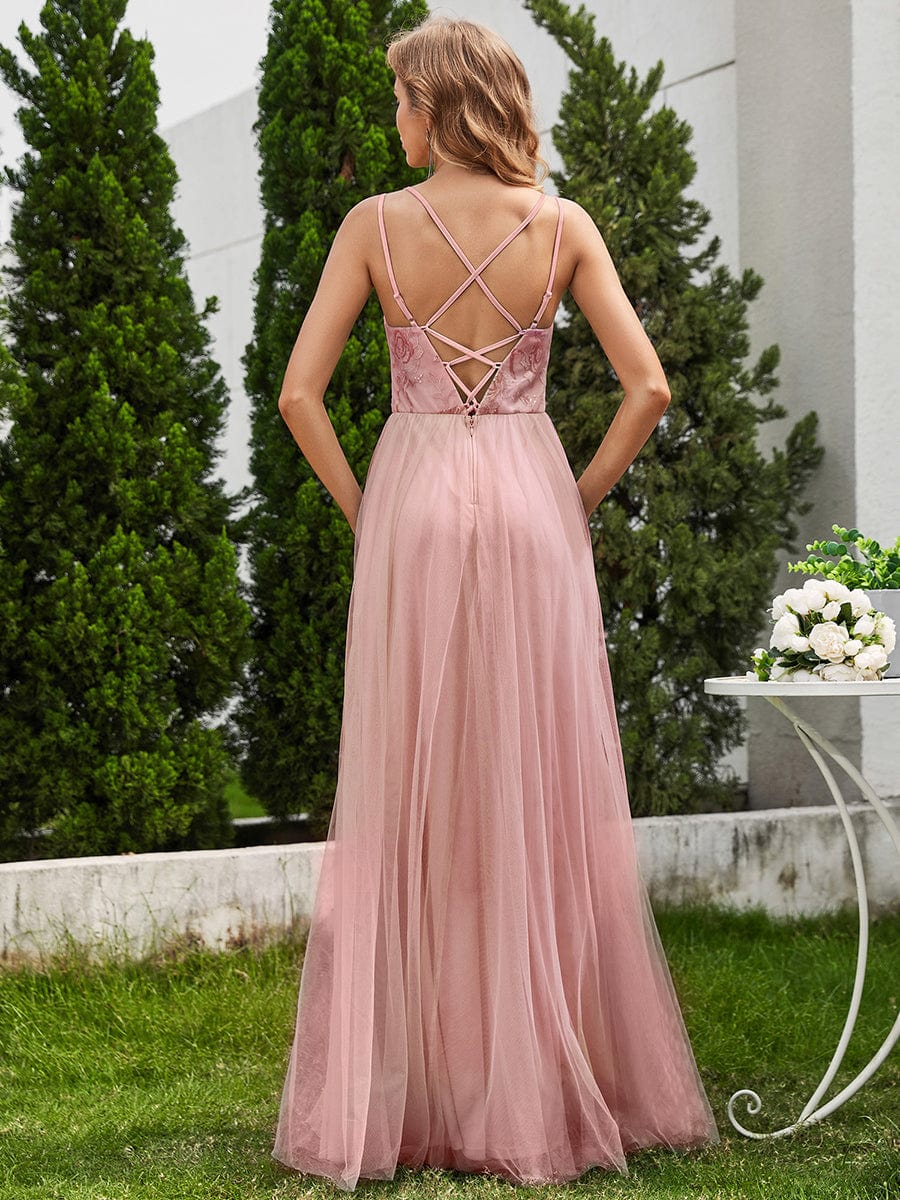 Robe de demoiselle d'honneur sans manches en tulle pailleté avec bretelles croisées dans le dos #Couleur_Rose