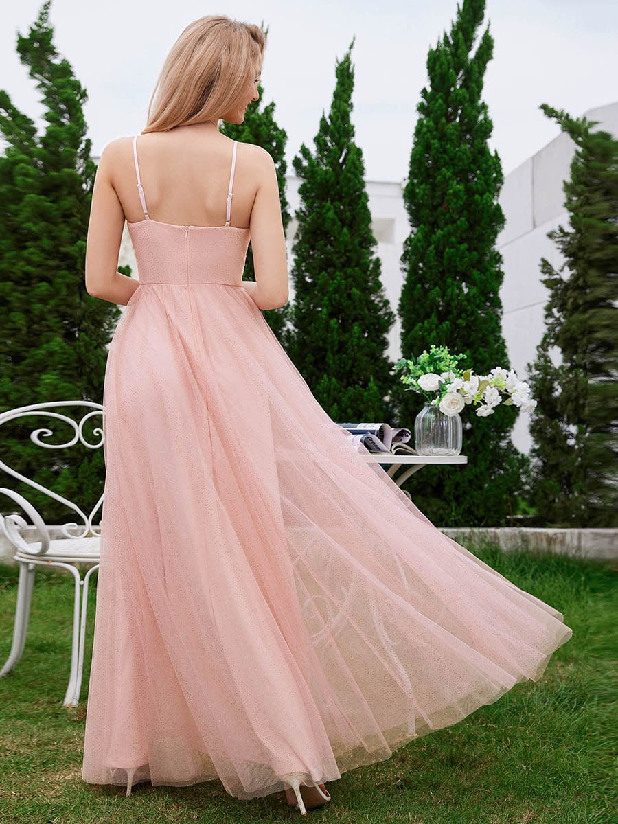 Robe de demoiselle d'honneur sans manches avec fente haute et taille perlée en dentelle avec plissée #Couleur_Rose