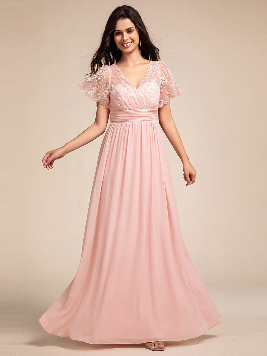 Robe longue de demoiselle d'honneur à manches flottantes et col en V en dentelle #Couleur_Rose