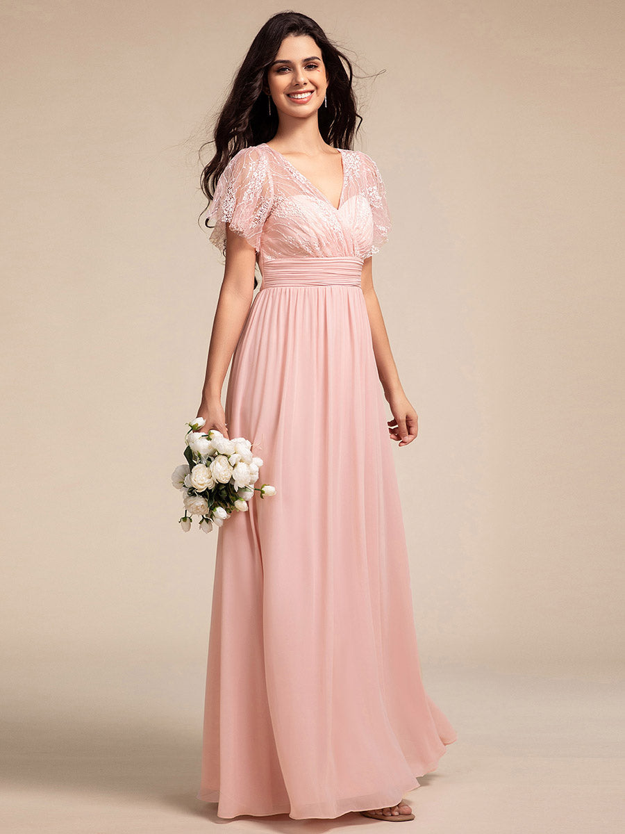 Robe longue de demoiselle d'honneur à manches flottantes et col en V en dentelle #Couleur_Rose