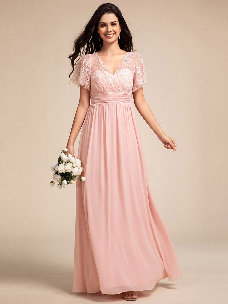 Robe longue de demoiselle d'honneur à manches flottantes et col en V en dentelle #Couleur_Rose