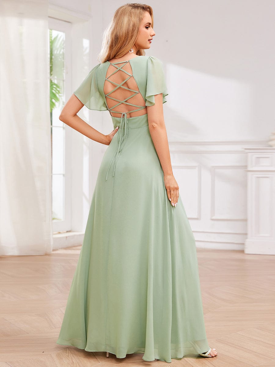 Robe de demoiselle d'honneur plissée trapèze en mousseline de soie avec liens croisés dans le dos et col en V #Couleur_Menthe Verte