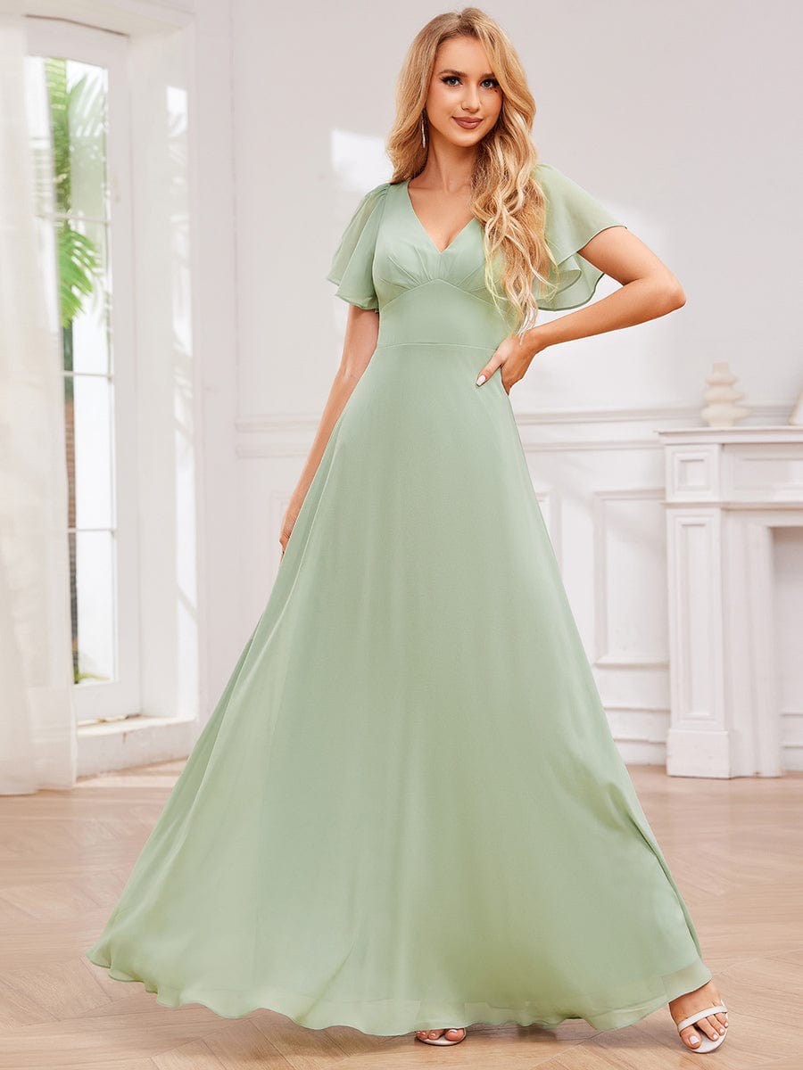 Robe de demoiselle d'honneur plissée trapèze en mousseline de soie avec liens croisés dans le dos et col en V #Couleur_Menthe Verte