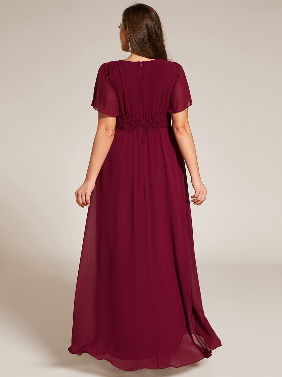 Robe de demoiselle d'honneur élégante en mousseline de soie à col rond et manches courtes #Couleur_Bordeaux