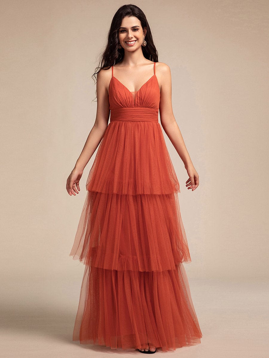 Robe longue de demoiselle d'honneur à bretelles spaghetti à plusieurs niveaux #Couleur_Orange Brûlée