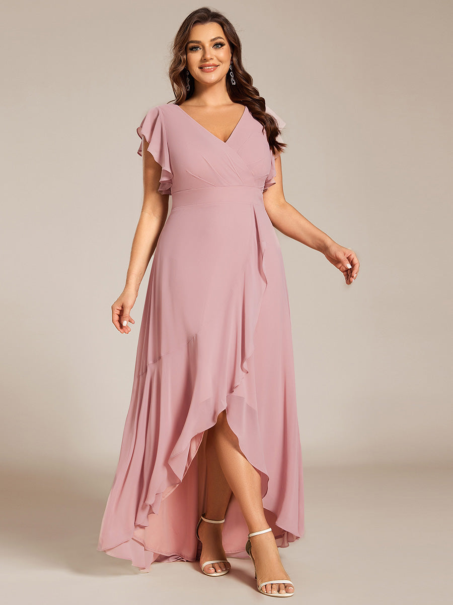 Robe de demoiselle d'honneur grande taille en mousseline de soie avec manches à volants #Couleur_Rose fumee