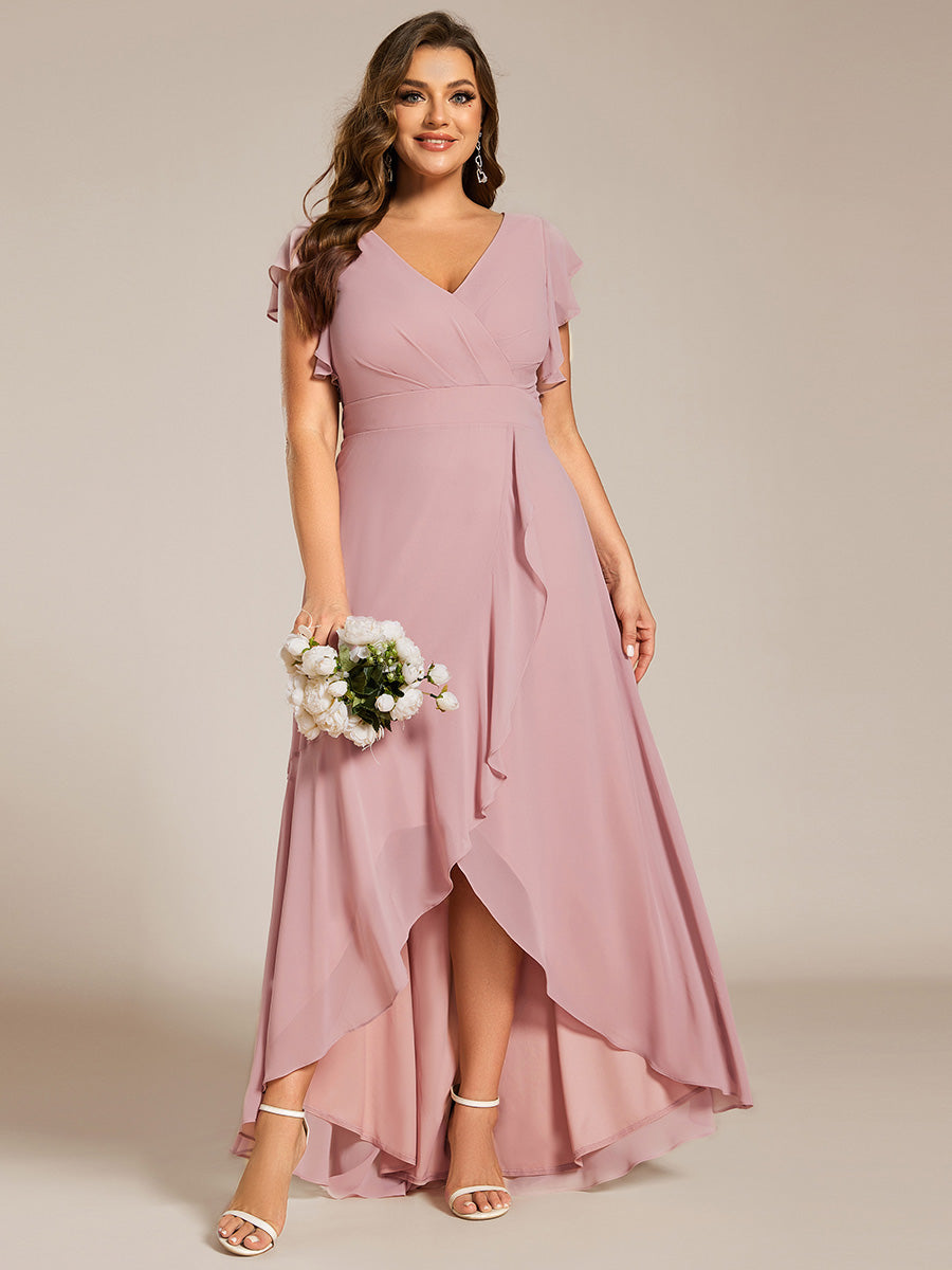 Robe de demoiselle d'honneur grande taille en mousseline de soie avec manches à volants #Couleur_Rose fumee