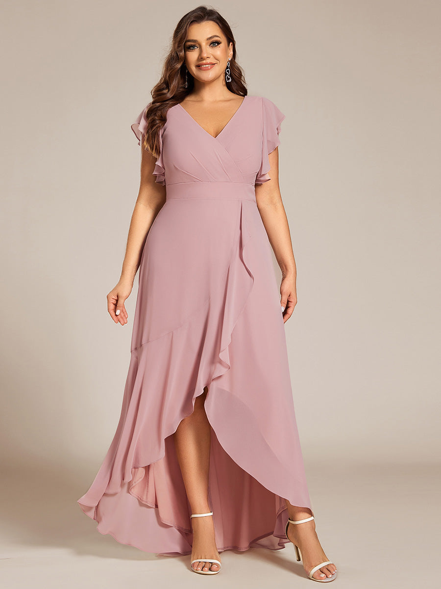 Robe de demoiselle d'honneur grande taille en mousseline de soie avec manches à volants #Couleur_Rose fumee