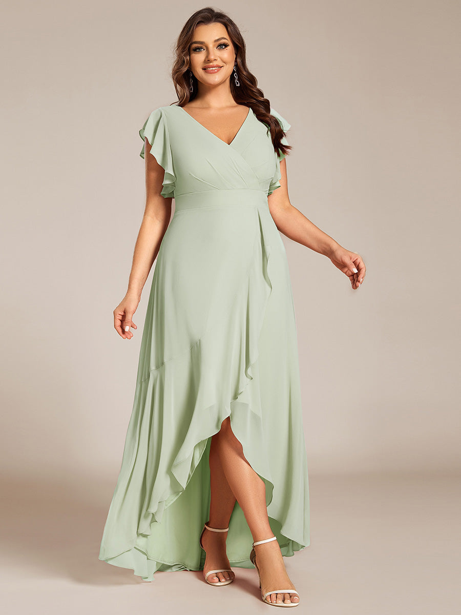 Robe de demoiselle d'honneur grande taille en mousseline de soie avec manches à volants #Couleur_Menthe Verte