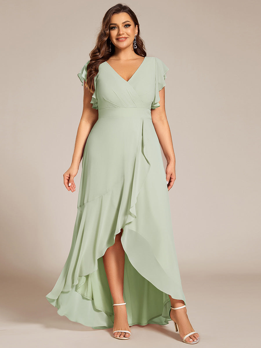 Robe de demoiselle d'honneur grande taille en mousseline de soie avec manches à volants #Couleur_Menthe Verte