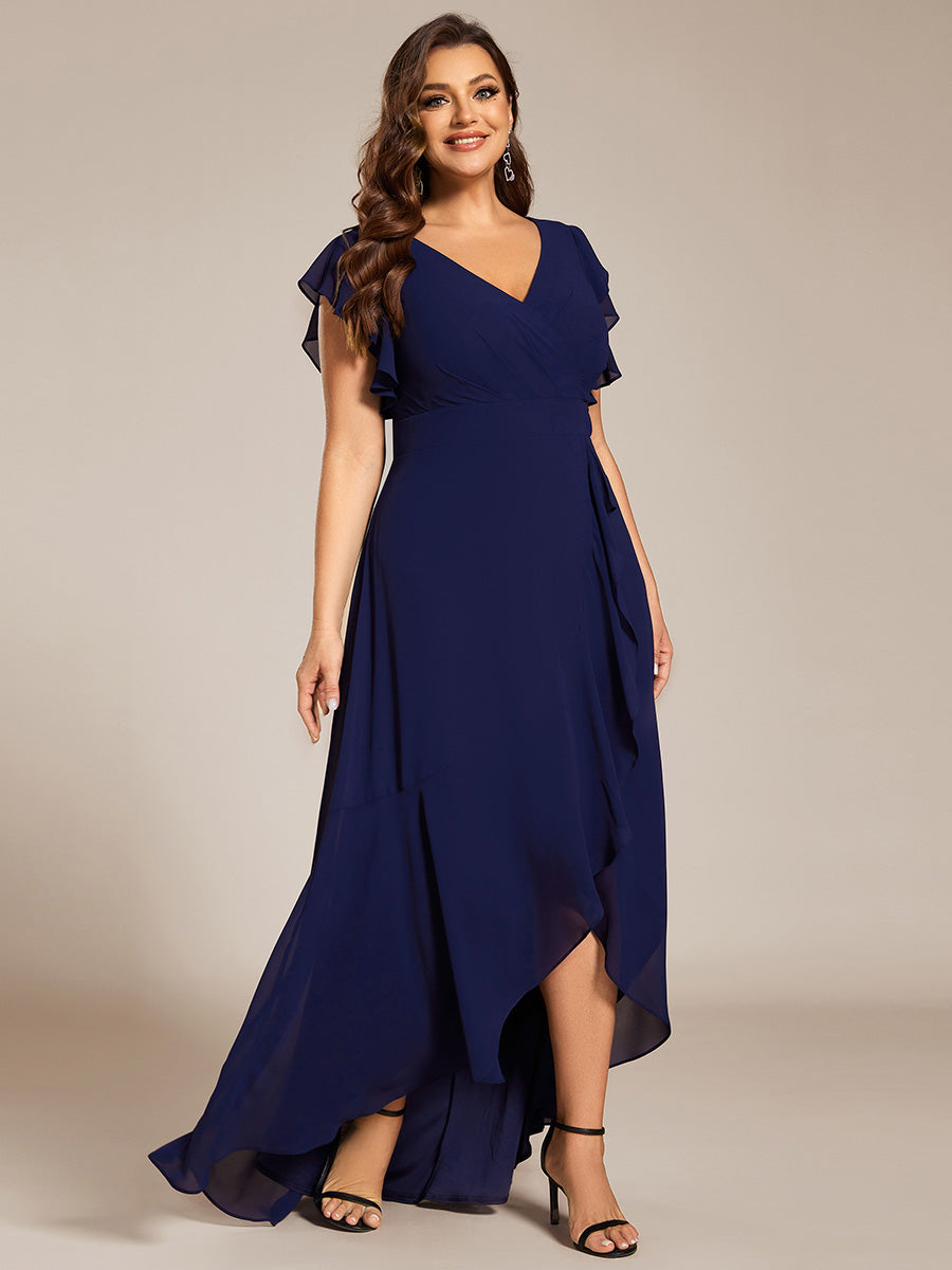 Robe de demoiselle d'honneur grande taille en mousseline de soie avec manches à volants #Couleur_Bleu Marine