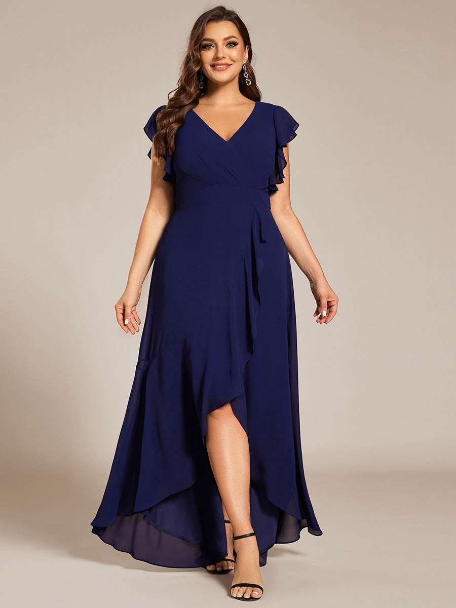 Robe de demoiselle d'honneur grande taille en mousseline de soie avec manches à volants #Couleur_Bleu Marine