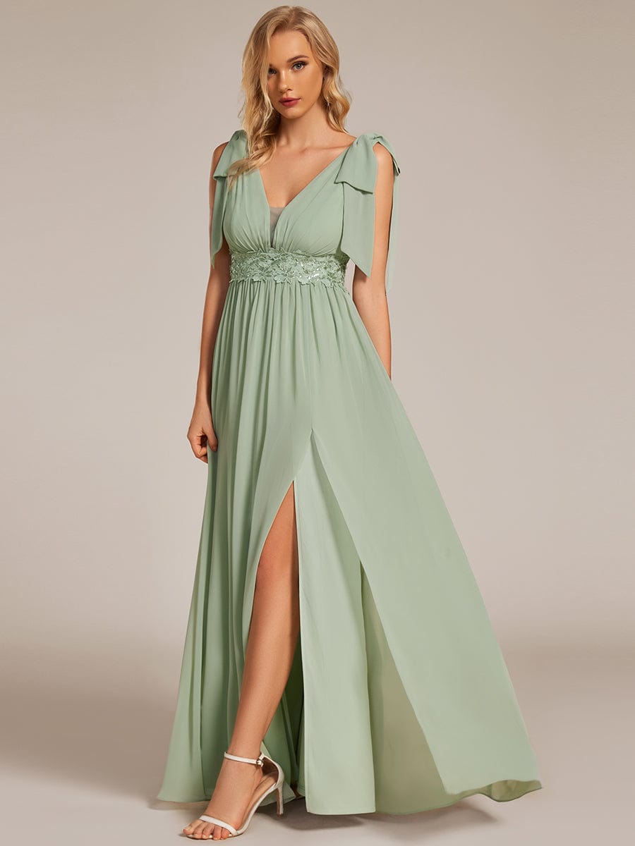 Robe longue de demoiselle d'honneur à taille empire avec nœud sur les épaules #Couleur_Menthe Verte