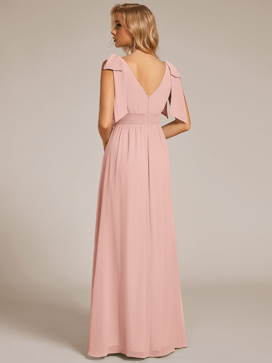 Robe longue de demoiselle d'honneur à taille empire avec nœud sur les épaules #Couleur_Rose