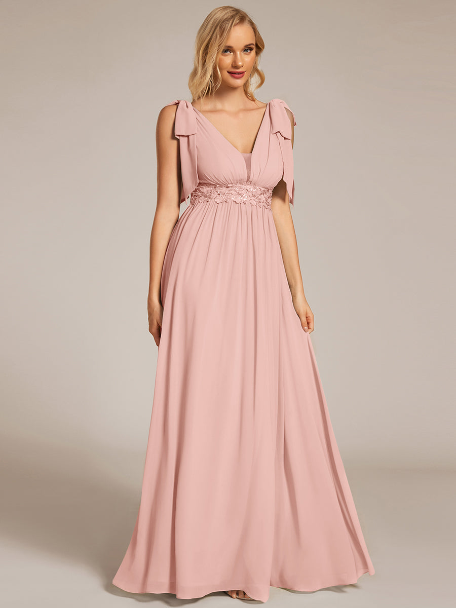 Robe longue de demoiselle d'honneur à taille empire avec nœud sur les épaules #Couleur_Rose