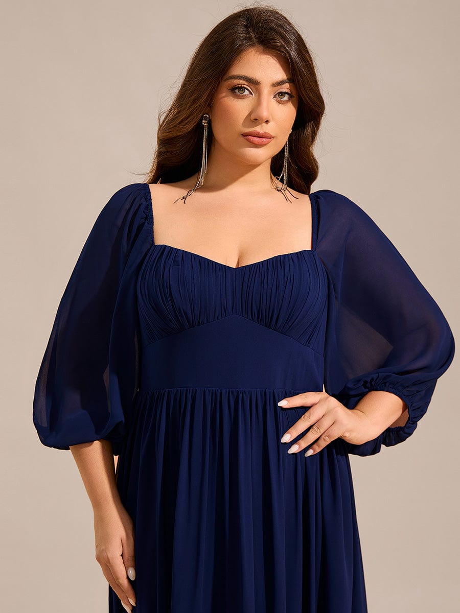 Robe de demoiselle d'honneur grande taille en mousseline à manches 3/22 et lacets #Couleur_Bleu Marine