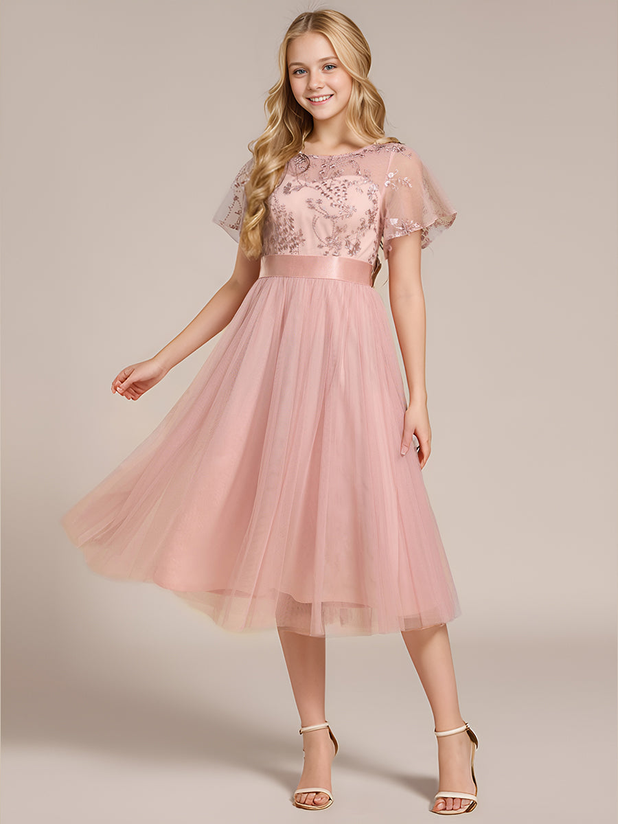 Robe d'invité mi-longue en résille à manches courtes #Couleur_ #Couleur_Rose