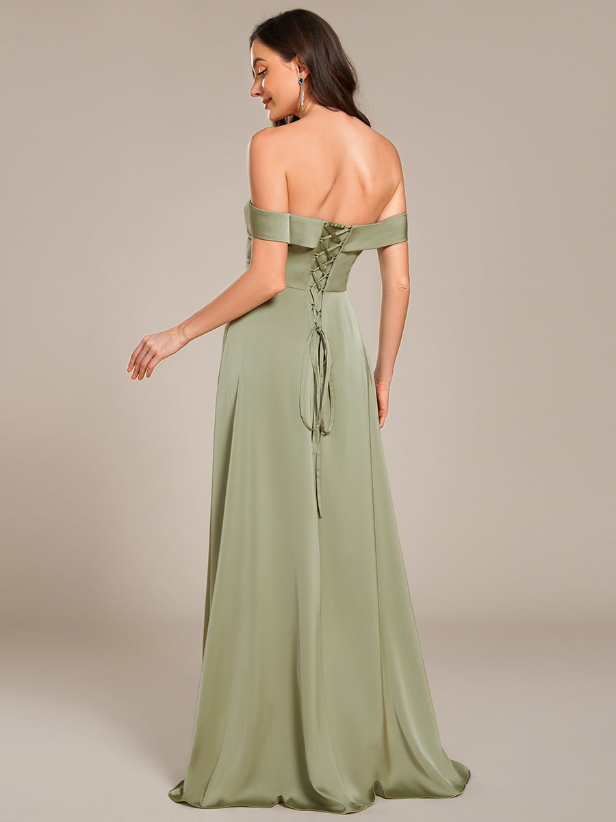 Robe de demoiselle d'honneur en satin à épaules dénudées et à lacets dans le dos #Couleur_Vert sauge